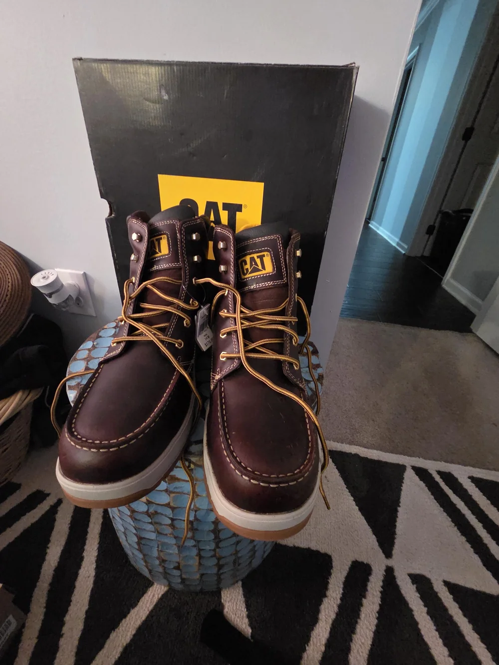 Cat Men’s Brown Leather Work Boots - Lace-Up Moc Toe